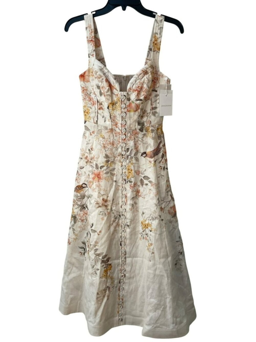 Zimmermann Luna Buttoned Picnic Dress Cream Songbird Linen Floral Midi Sz 6 NEW
